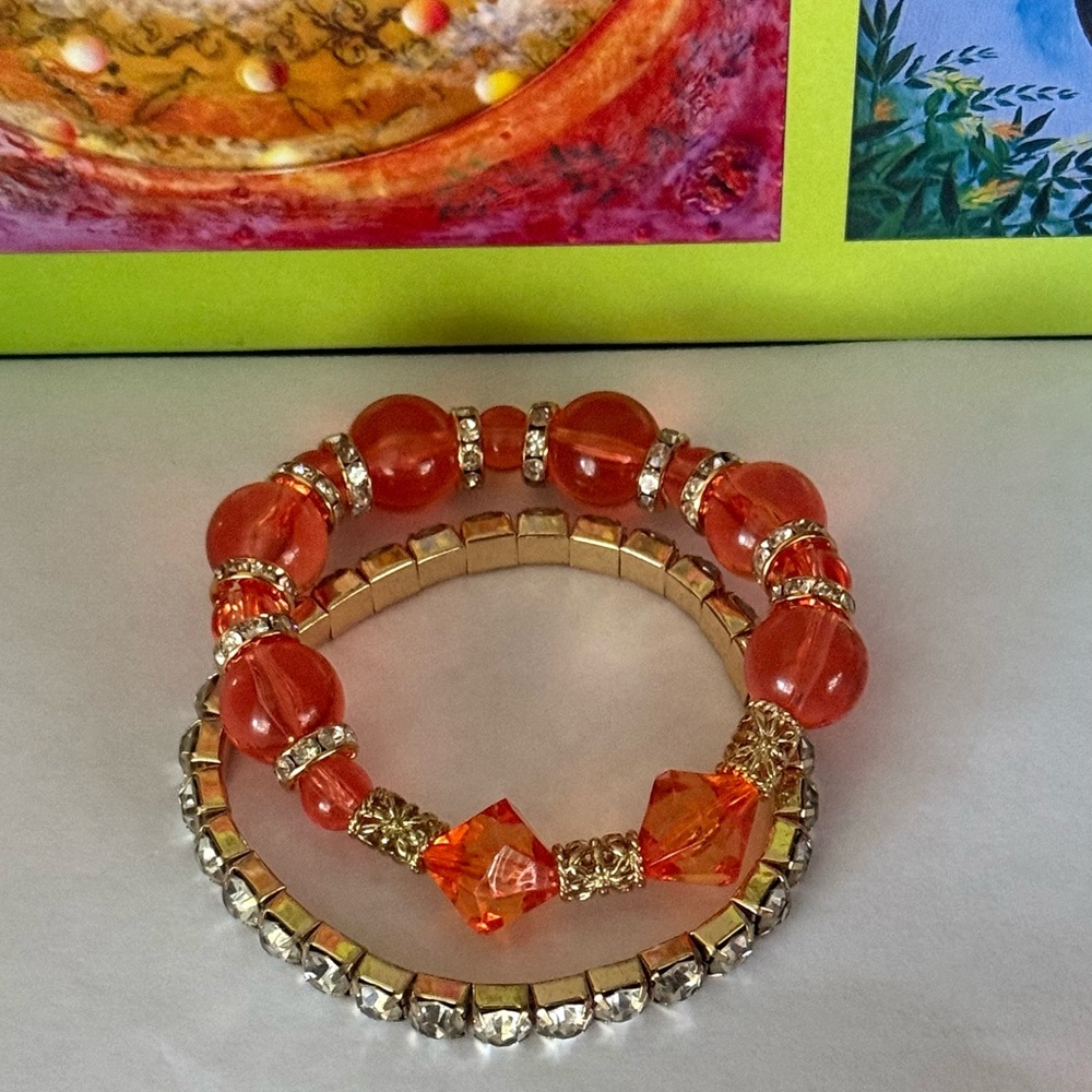 Elegant Orange and Gold Beaded Bracelet Set